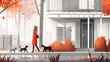 Stylish Woman Walking Dogs Past Modern Homes on an Autumn Day Illustration