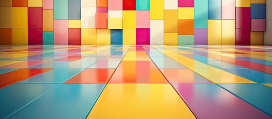 Sticker - The room is filled with colorfulness from the azure, orange, and yellow tiles covering the floor and walls, creating a vibrant and artistic atmosphere with aqua and rectangle patterns