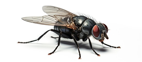 Poster - Macro photography of a house fly, an Arthropod and Parasite insect with membrane wings, on a white background. Common pest like horse flies, invertebrate