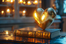 A Polished Golden Heart Sits Glowing On A Pedestal Accompanied By A Book. Generative AI