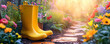 Gardening background with flowerpots, yellow boots in summer garden