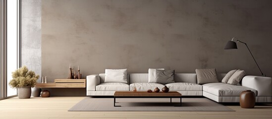 Wall Mural - The living room in the house features a large sectional couch, a coffee table made of wood, and hardwood flooring in a rectangular shape