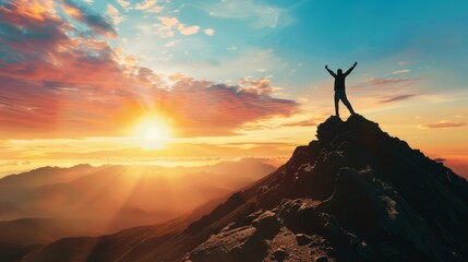 Wall Mural - the concept of success and achievement with a powerful image of someone reaching the top of a mounta