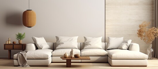 Poster - A modern living room with a white sectional couch, a coffee table on a wooden floor. Interior design features comfortable furniture and soft lighting