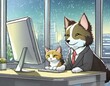 オフィスで仕事をする犬と猫 生成AI・Generative AI