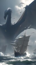 Large Dragon Flying Ship Ocean Throne Ships Sails