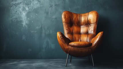 Sticker - Living room with leather armchair on empty dark grey wall background. empty space.