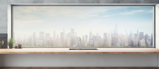 Poster - A rectangular glass window displays a stunning city skyline with skyscrapers reaching towards the horizon. Clouds drift across the sky, framed by wooden surroundings