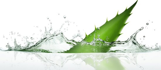 Poster - A terrestrial plant, a green aloe vera leaf, is gracefully diving into a pool of water, creating a beautiful event on the landscape with its splash