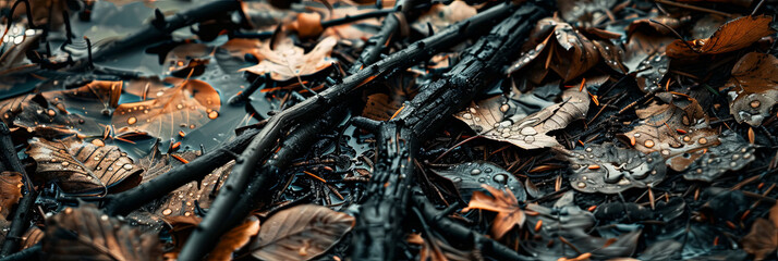 Wall Mural - close up of black sticks and leaves on the ground, burnt wood with water droplets, detailed foliage, generative AI