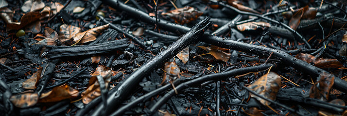 Wall Mural - close up of black sticks and leaves on the ground, burnt wood with water droplets, detailed foliage, generative AI