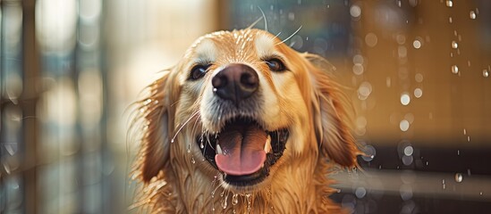 Sticker - Close up of a liver fawn dog with its tongue out. The dog breed is a companion dog, known for its loyalty and friendly nature. It is a carnivore and has a thick coat of hair on its head