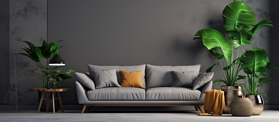 Sticker - A cozy living room featuring a comfortable couch, vibrant plants, and a stylish gray wall. The furniture is made of wood, creating a warm and inviting atmosphere