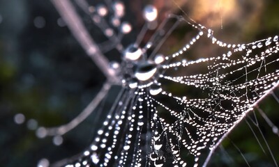 Dewdrops on a spider web, macro photography ,hyperdetailed, hyperrealistic