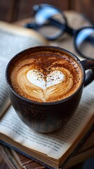 Poster - Cozy Moments Amid the Pages A Coffee Cup s Heart Shaped Foam and a Book s Companionship