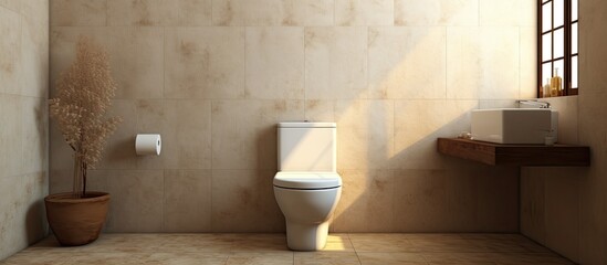 Poster - A bathroom featuring a toilet, sink, and window. The flooring is made of hardwood, while the fixtures are a composite material. The room is designed with a focus on fluidity and functionality