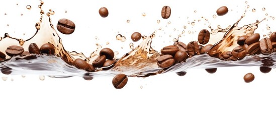 Poster - Water splashes as coffee beans fall into a stream, captured in macro photography on a white background. This event showcases the natural material in a scienceinspired font