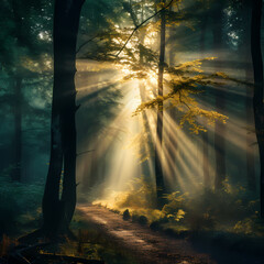 Poster - A mysterious forest with rays of sunlight piercing through