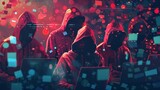 Fototapeta Fototapety z końmi - The image shows a group of hackers wearing red hoodies and using laptops. They are surrounded by