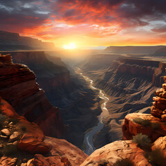 Sticker - A panoramic view of a canyon at sunrise. 