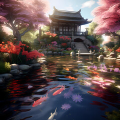 Wall Mural - A tranquil garden with blooming flowers and a koi pond