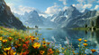 lake in the mountains with flowers.