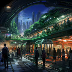 Poster - A busy subway station with trains arriving and departing