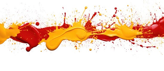 Wall Mural - An artistic composition of red and yellow paint splashes on a white canvas, resembling a row of vibrant organisms in a watercolor painting