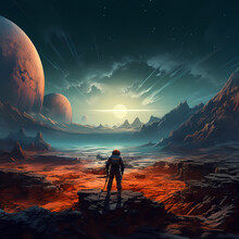 A Lone Astronaut Exploring An Alien Landscape.