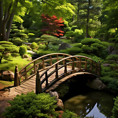 Sticker - A serene Japanese garden with a traditional bridge