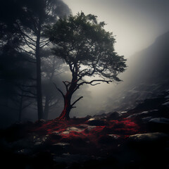 Poster - A solitary tree in a mystical foggy forest. 