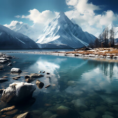 Sticker - A tranquil lake surrounded by snow-capped mountain 