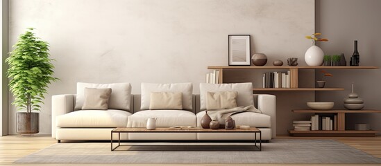 Poster - A cozy living room in a house, featuring a wooden couch and coffee table. Comfortable flooring, with a picture frame hanging on the wall