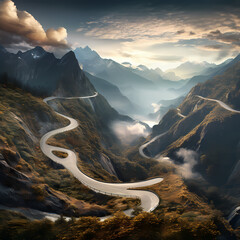 Poster - Dramatic mountain landscape with a winding road. 