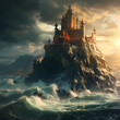Fantasy castle on a cliff overlooking a turbulent wave