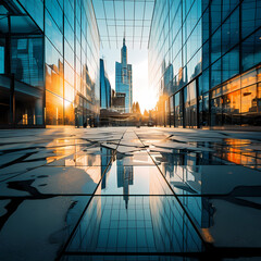 Canvas Print - Reflections in a modern glass building. 