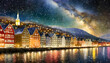 © Watercolor_Concept - Abstract Scenic view of Panorama of historical buildings of Bergen in winter under night on digital art concept, Generative AI.