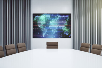 Wall Mural - abstract creative world map on presentation screen in a modern conference room, international tradin