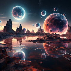 Sticker - Surreal floating orbs in a cosmic landscape.