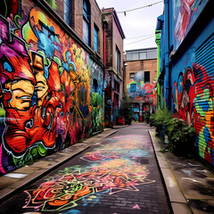 Canvas Print - Vibrant graffiti art on an urban alleyway. 