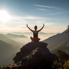 Wall Mural - Woman practicing yoga on a mountain peak. 