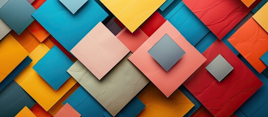 Poster - A creative art piece featuring a pattern of colorful rectangles, triangles, and squares in shades of pink, aqua, magenta, and more, displayed on a wall