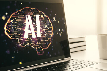 Wall Mural - creative artificial intelligence concept with human brain hologram on modern laptop screen. 3d rende
