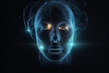 Fototapeta Miasta - Hologram Digital artificial intelligence AI theme with human face, Smart Robot against dark background 