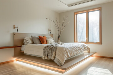 A serene bedroom update with a floating bed, hidden lighting, and soft, natural textures for a restful night's sleep