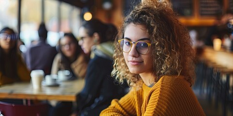 Poster - portrait of an attractive young woman with glasses, curly hair and wearing a mustard sweater, generative AI