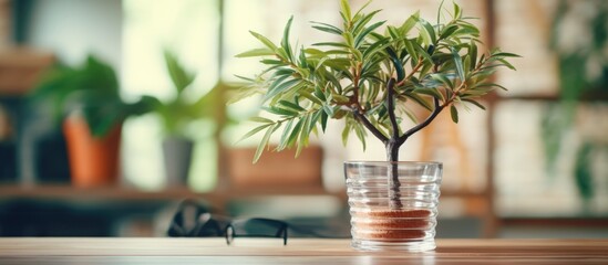 Canvas Print - A houseplant is placed in a flowerpot on a wooden table inside a building. The small terrestrial plant sits by the window, bringing nature indoors