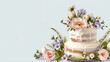 Multi-tiered white cake with dripping icing, adorned with spring flowers and greenery, evoking sense of renewal and celebration. For wedding invitations, culinary sites, birthday