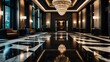 Black themed hotel walkway with luxury carpet with stunning chandelier and polished marble floor from Generative AI