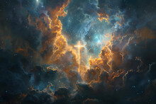 A Captivating Scene Of A Luminous Cross Radiating Light Against A Celestial Sky, Symbolizing Spirituality And Hope. Suitable For Religious And Spiritual Purposes.